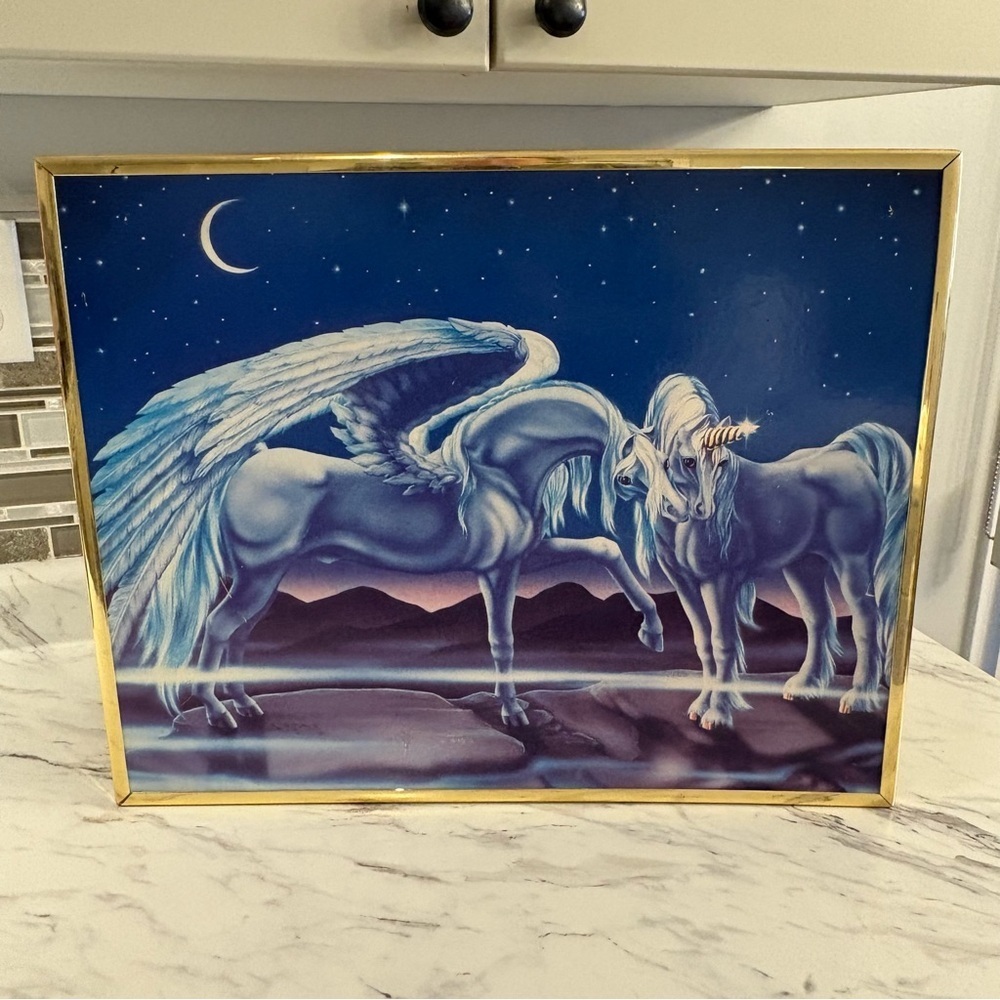 Vintage Sue Dawe Unicorn and‎ Pegasus framed hard poster print Fantasy Y2K